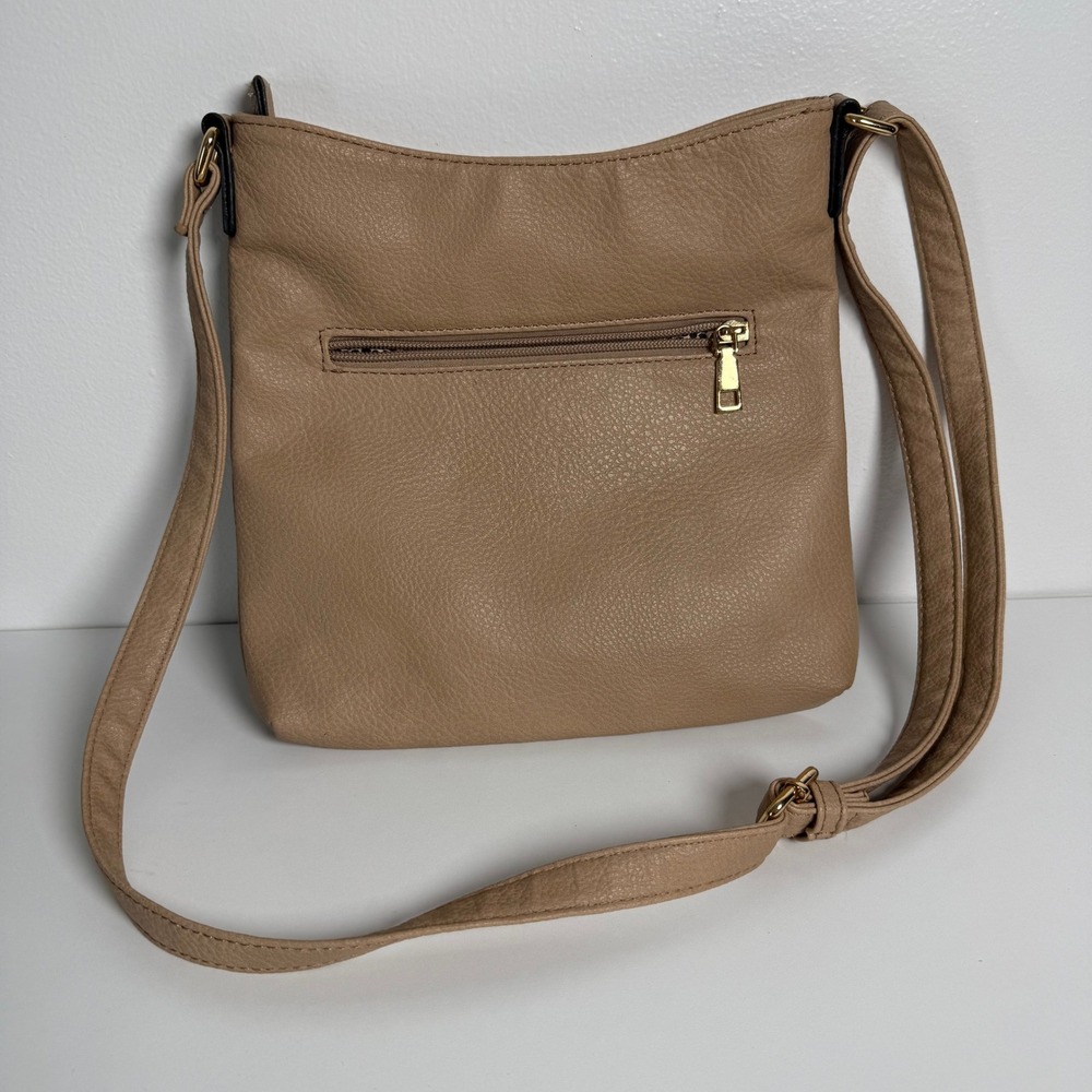 Khaki Faux Leather Crossbody Bag Double Zip Front Pocket Adjustable Strap - Picture 2 of 7